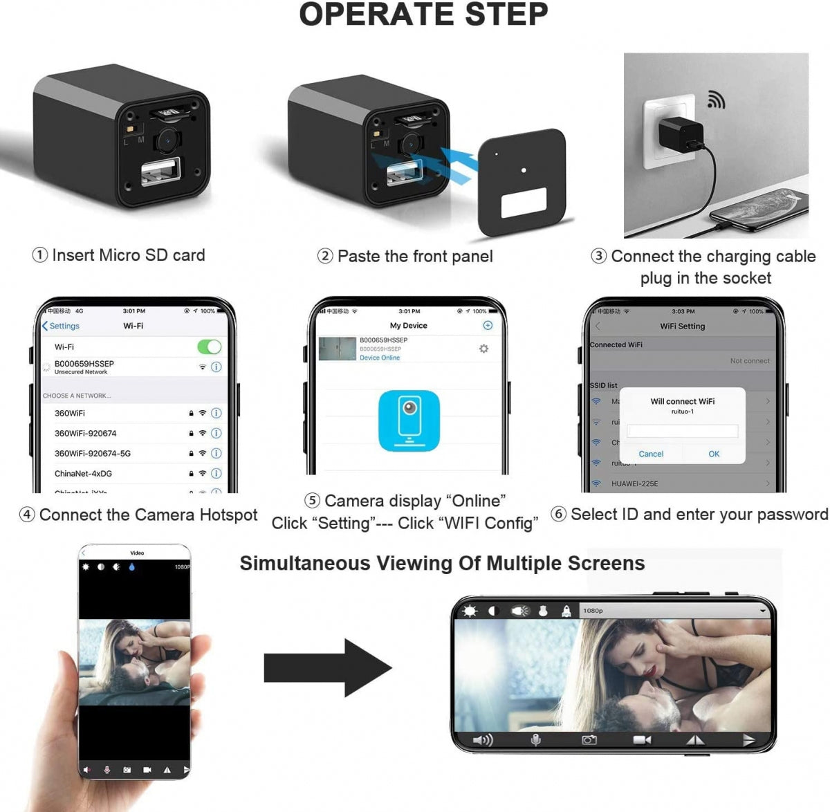 USB Smartphone Brick Wall Charger Adapter Plug With 1080P HD Wifi Camera